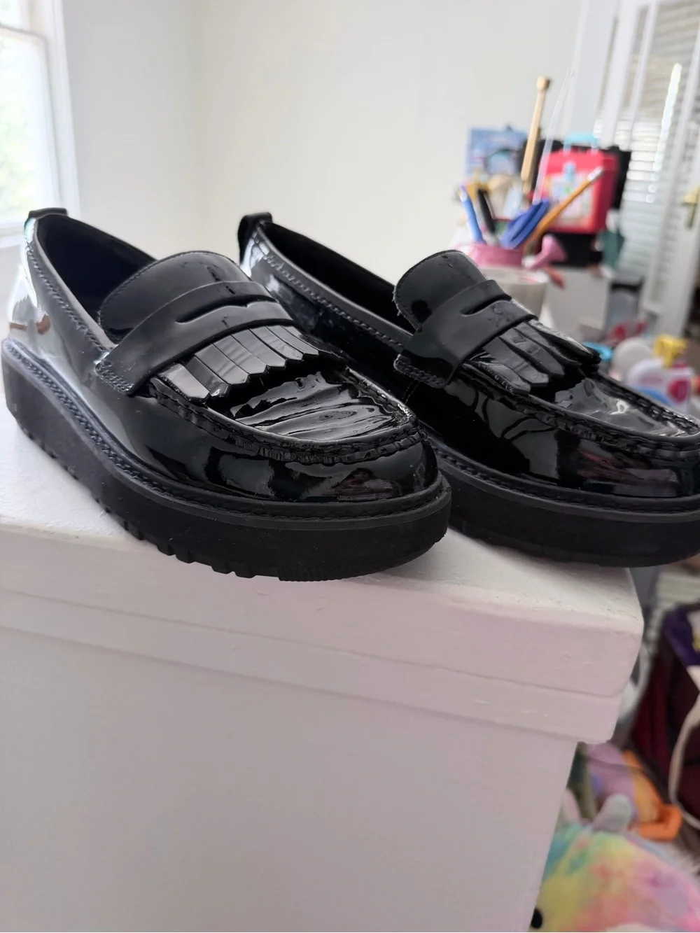 NWOT Clarks Orianna women's platform loafers in black patent leather